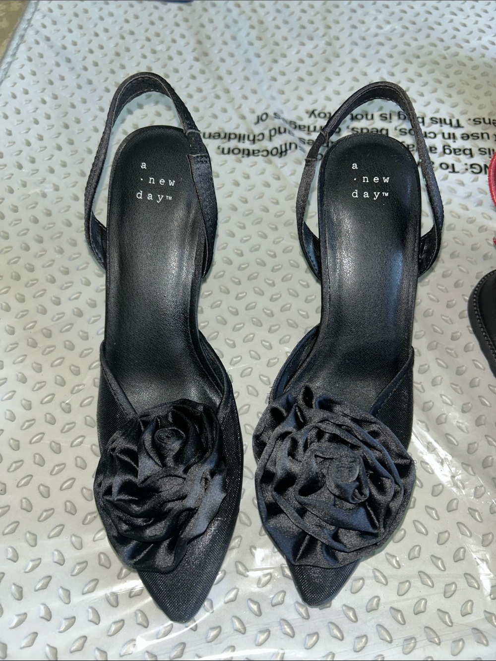 a new day Black Satin Slingback Heels with Rosette